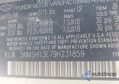 2009 Hyundai Santa Fe Limited из США, поврежденный, VIN 5NMSH13E79H231859